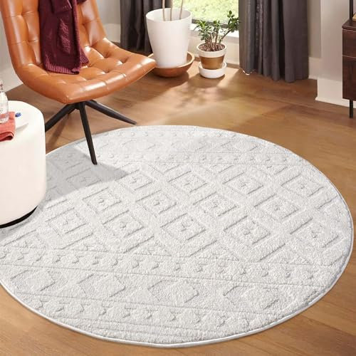 carpet city Kurzflor Teppich Creme - 120 cm Rund - Wohnzimmer-Teppiche Hochtief-Muster, 3D-Effekt - Raute-Muster - Flachflor Bodenbelag, Deko Schlafzimmer
