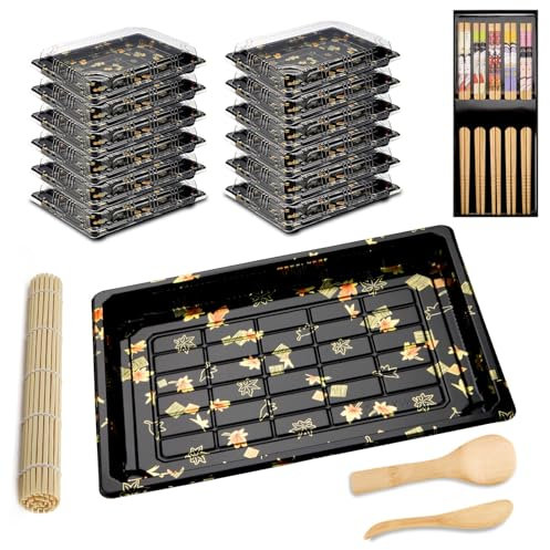 Mbsomnus Set da 20 pezzi per sushi – 12 piatti da portata con coperchio, contenitore riutilizzabile Meal Prep, tappetino per sushi, 5 paia di bacchette, spargiso e pagaia per cene e buffet