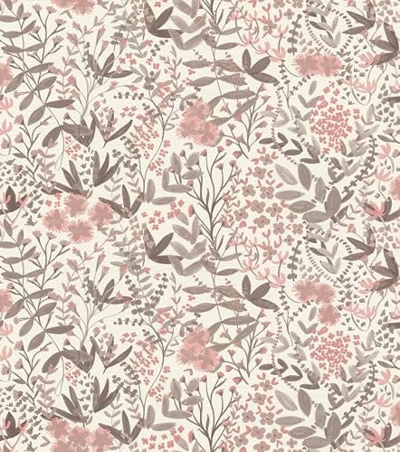 Rasch Tapete 580761 - Helle Vliestapete mit Blättern und Blumen in Rosa und hellem Taupe aus der Kollektion Country Charme