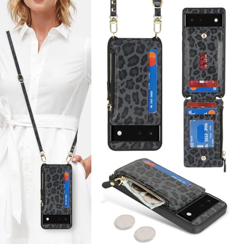 SailorTech Handyhülle für Google Pixel 6 Mit Kartenfach, Verstellbarer Halskette, Reißverschluss Geldbörse - Schwarzer Leopard