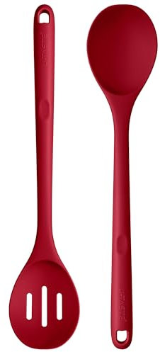 U-Taste 33.9 cm Extra Long Silicone Spoons: 315℃ Heat Resistant Food Grade Solid & Slotted Cooking Spoons, Nonstick Seamless Kitchen Utensil for Serving Mixing Stirring Basting Draining (Red, 2pcs)