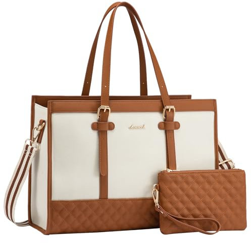 LOVEVOOK Handtasche Damen, Business Laptoptasche 15,6 Zoll aus Canvas & Leder, Lehrertasche Aktentasche gross, Handbags for Women Arbeitstasche für Büro Uni Arbeit, Beige Braun