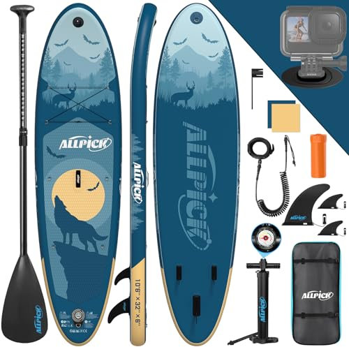 ALLPICK Premium SUP Board Set, Stand Up Paddling Board Aufblasbar, Mit Universal Kamerahalterung, Komplettes Zubehör, Verstellbares Paddel, Anfänger, Fortgeschrittene, 200kg (Geheimnisvoll - Blau)