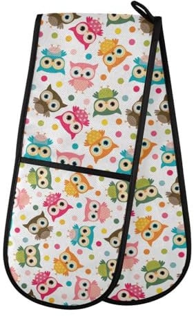 Double Oven Gloves Heat Resistant Owl Polka Dot Double Oven Mitts Pot Holder Heat Protection Oven Gloves for Home Kitchen Baking Cooking BBQ Microwave