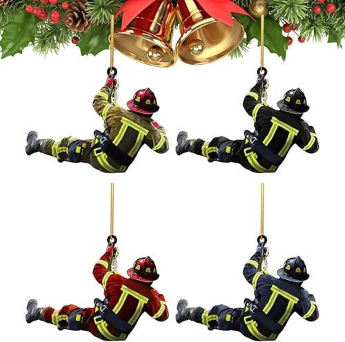 4 Stück Feuerwehrmann Christbaumschmuck,Feuerwehrmann Anhänger Weihnachtsdeko, Weihnachtsanhänge Auto-Rückspiegel Dekoration,Acryl Weihnachtsbaumschmuck Weihnachtsanhänger