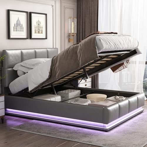 Lazyspace Polsterbett 140 x 200 cm, Hydraulisch Stauraumbett Funktionsbett mit Großer Stauraum, Doppelbett mit LED-Beleuchtung, Einzelbett mit Kopfteil und Lattenrost, Jugendbett, PU-Leder, Grau