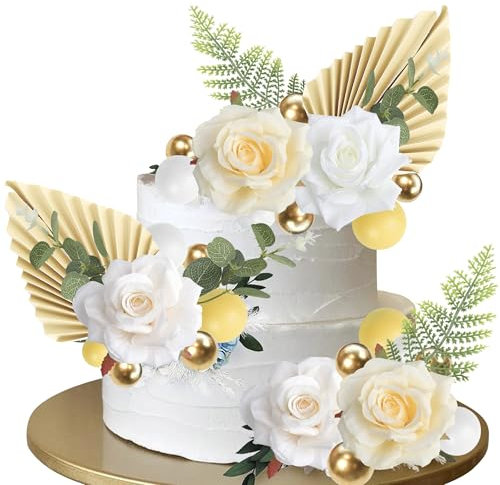 Xsstarmi 40 Pack Wedding Rose Cake Decorations Champagne Rose Cake Toppers Balls Paper Palm Fan Cake Toppers for DIY Wedding Bithday Valentine's Day Party Cake Decorations Supplie