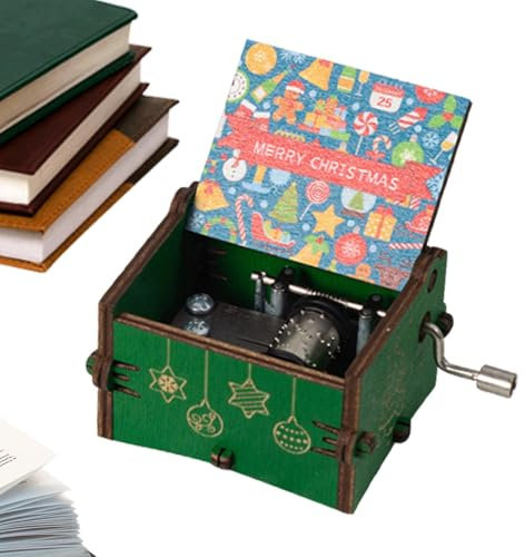Spieluhr Weihnachten mit Handkurbel - Jingle Bells Design, gravierte Holzverzierung | Vintage Holz geschnitzte Spieluhr Vintage Weihnachtsmelodie Box mit Handkurbel für Ehemann-Sammler