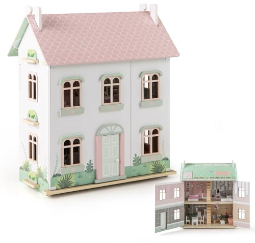 COSTWAY Puppenhaus Holz, Puppenstube 3 Etagen mit doppelseitigen Dächern und zu öffnenden Türen, DIY-Traumhaus Puppenvilla mit Möbeln und Zubehör, für Kinder ab 3 Jahren