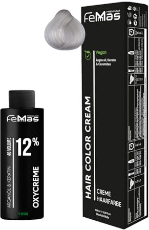 Femmas Haarfarbe Set Superaufheller Ultra Asch 901 S I Hair Color Cream 100ml + Oxycreme 100ml 12% I Permanente Haar-Coloration + Entwickler I Schonend & langanhaltend I Salon-Haarfarbe für Zuhause