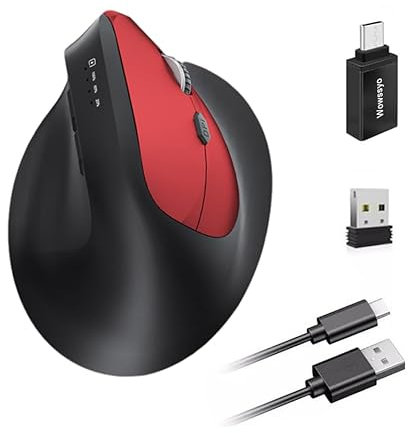 Wowssyo Souris Ergonomique sans Fil 3 Modes [Bluetooth 5.2, 2,4 GHz, Filaire] Souris Verticale sans Fil, 1200/1600/2400/3200/6400/9600 DPI, Batterie Rechargeable, 6 Boutons, PC/Mac, Rouge