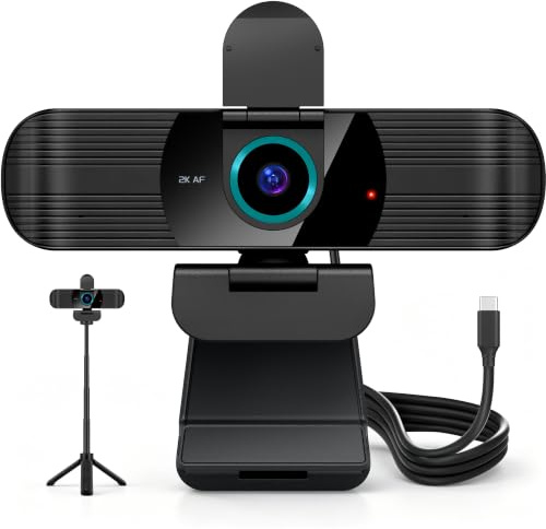 Pro QHD 2K/60fps Webcam with Tripod, External USB-C Camera for PC/Laptop | Dual noise-cancelling mics | Auto-focus | Wide-angle | Low-light correction | 360° rotation | CMOS sensor | Plug and Play