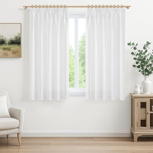 MRTREES Gardinen mit Kräuselband Weiß Leinenoptik Kurz Fenster Wohnzimmer, Vorhang Leinen Halbtransparent 2er Set 160 cm Lang 140 cm Breit, Vorhänge Weiss Küche Kinderzimmer Landhausstil