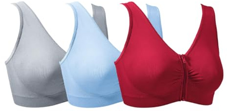 Coopers of Stortford - Pack of 3 Comfy Front Zip Bras for Women - Seamless Everyday Support - No Underwire, Easy Fastening, Machine Washable (UK, Alpha, XL, Regular, Regular)