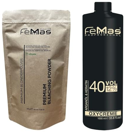 FemMas Blondierungspulver Set 500g vegan & Entwickler 12 Prozent 1L I ultra stark & staubfrei I mit nährstoffreichen Ölen I Hair Bleach Kit für zuhause in Salonqualität I Blondierung von 7-9 Tonstufen