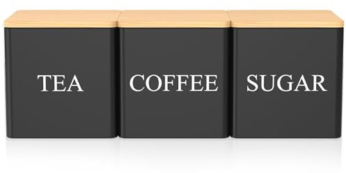 Caffney 3Pcs Tea Sugar Coffee Canisters with Bamboo Lids 500ML Metal Tea Sugar Coffee Storage Jar Container Set Space Saving Snack Canister Set for Kitchen Storage(White)