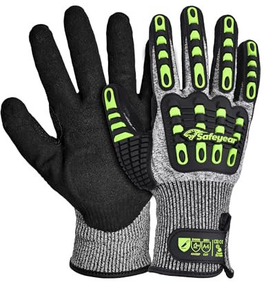 SAFEYEAR Level 5 - Guantes resistentes a los cortes, con revestimiento de arena de nitrilo con protección antigolpes TPR, guantes de trabajo antideslizantes amarillos y antivibración, con pantalla