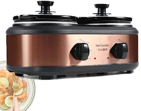 ZYFBD Electric Slow Cooker Buffet Server & Food Warmer - 2 Pot with 1.25L Ceramic Pots, 3 Heat Settings, Stainless Steel Finish for Home Kitchen