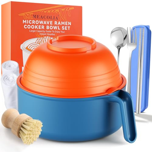 Ramen Bowl Set, Large 40 oz Microwaveable Noodle Cooker with Lid and Strainer for Ramen, with Stainless Steel Chopsticks, Spoon, Fork and Brush, Ideal for Office, College, Dorm, Gift (Orange)