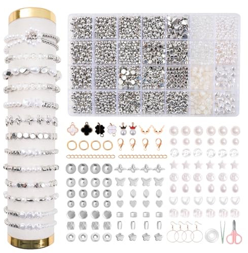 JHWELRG Perlen Weiß Set,Selber Machen Perlen für armbänder Erwachsene Armband Perlen,Silber Perlen zum Auffädeln perlen set für Weihnachten,Partys,Ostern,Feiertag
