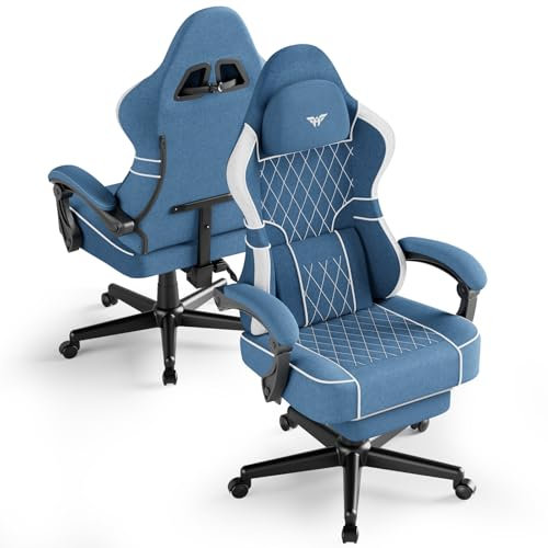 Ferghana Chaise Gaming Ergonomique,Fauteuil Game en Respirant,Gaming Chair avec Réglable Appui-tête,Coussin Lombaire Massage,Repose-Pied,Chaise de Bureau PC pour Bureau de Jeu (Bleu,Tissu Lin)