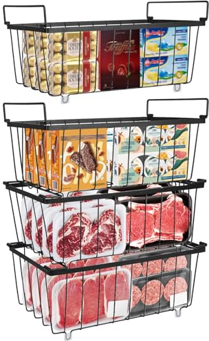 RAIN QUEEN 4 Piece Ingredients Freezer Organizer with Handles Stackable Metal Storage Basket for Bedroom Cupboard Fridge Freezer Portable Storage Boxes( Black)