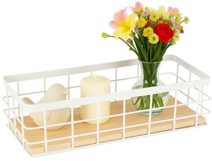 Drahtkorb mit Holzboden Gitterkorb aus Metall zur Aufbewahrung in Küche, Bad & Büro Aufbewahrungskorb im Industrial Design für Regal, Speisekammer & Schublade Organizer Korb,Weiß