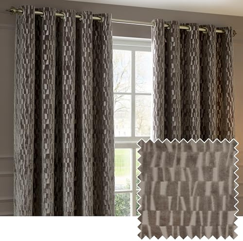 Paoletti Manhattan Room Darkening Eyelet Curtain Pair – Elegant Velvet Geometric Textured Lined Ring Top Drapes (Mink - 229x183cm)