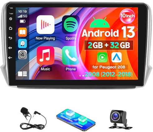 10 Android 14 Car Stereo for Peugeot 208 2008 (2012-2018), 2 Din Carplay Android Auto with IPS Touchscreen GPS Navi WiFi Bluetooth FM/RDS Spilt Screen SWC Mirror Link SWC+ Backup Camera Mic, 2+32G