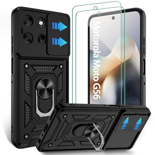 Jshru für Motorola G56 Hülle Kameraschutz mit Ständer Schwarz | Militärschutz Stoßfest,mit 2 Stück Schutzfolie,Schiebeabdeckung,360°-Metallringhalterung,Robust langlebig Rutschfest