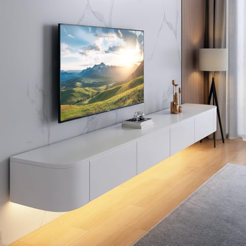 FGNIXLN Floating TV Unit,120-300CM Wall Mounted TV Cabinet, Floating TV Stand with Flip-Down Doors & Drawers, Modern TV Media Console Center Large Storage TV Bench (White-Led, 200CM)