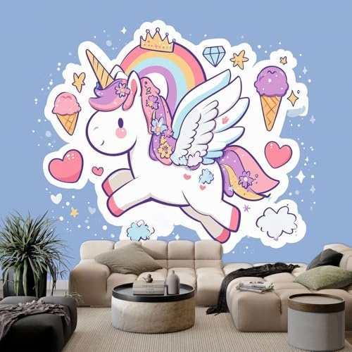 WHUOEUCO 3D Fototapete Einhorn-Cartoon 350x256 cm Foto Tapete Vlies Wandtapete, Modern 3D Effekt Motivtapeten für Wohnzimmer, Schlafzimmer, Kinderzimmer