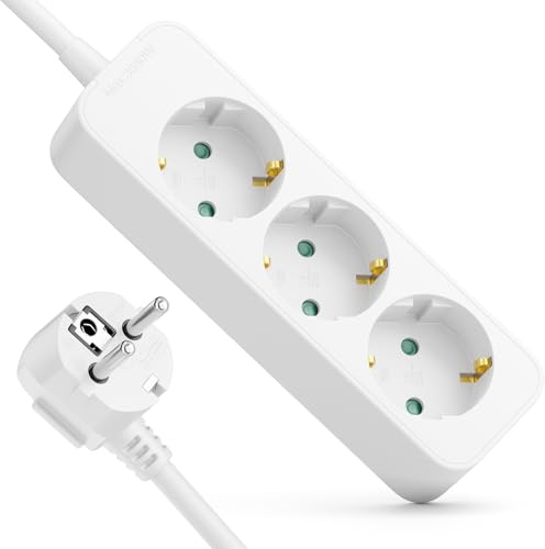 deleyCON 3-Fach Steckdosenleiste 90° Winkelstecker 1,4m - Weiß | 3x Schutzkontaktbuchse, Mehrfachsteckdose Stromkabel Verteiler Verlängerung Stromleiste, Haushalt Büro, 3680W 16A