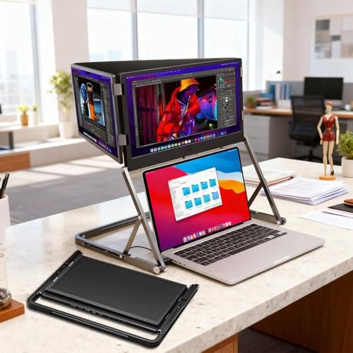 zhenmaster 1080p Laptop Tri-Fold Monitor, 15.6 Laptop Screen Extender Triple Monitor, FHD Portable Triple Monitor For Laptop, Extended Screen With 360° Rotation Acjustable Viewing Angles