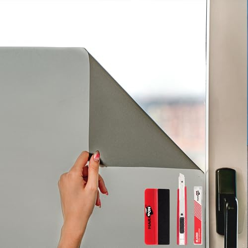 MARAPON Anthrazitfolie Grau 0,90x2 m Set inkl. Rakel Cutter 10 Klingen statisch haftende Sichtschutzfolie Fenster blickdichte Fensterfolie für Sonnenschutz und Privatsphäre im Wohnraum Büro modern