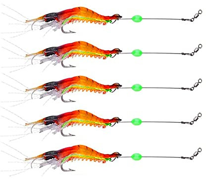 Milepetus 5pcs Soft Shrimp Lure Rigs with Luminous Fishing Hook and Glow Beads Good for Trout Bass Salmon,Freshwater/Saltwater