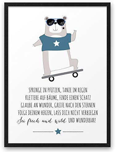BÄR SKATEBOARD | ABOUKI Kunstdruck | Bilder Kinderzimmer Deko Poster Kinderzimmer Bilder Jungen Mädchen Wandbilder Babyzimmer Kinder Kinderbilder Tierbilder | DIN A4 ohne Rahmen