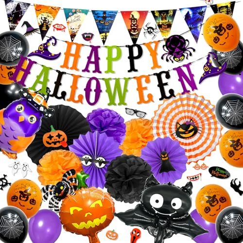Mauts Halloween decorations party set indoor decorations includes halloween flags, paper fan flowers, paper fan balls, balloons, props (Halloween 1)