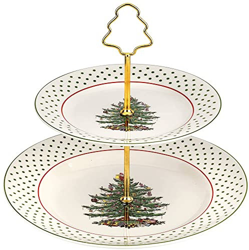 Spode - Christmas Tree Collection - 2-Tiered Server - Top Tier Measures at 8 Bottom Tier Measures at 10 - Dishwasher Safe