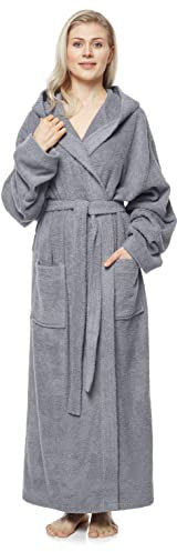 Arus Women's bathrobe with hood, full length, 100% cotton terry, Grey, S-M long