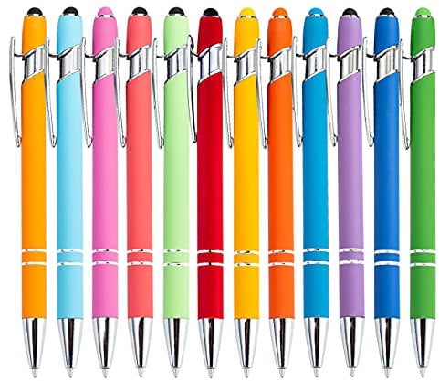 PASISIBICK 12 Stück Regenbogen gummierter Soft Touch Kugelschreiber mit Eingabestift, stilvoll, Premium-Metallstift, schwarze Tinte, mittlere Spitze (12 Stück)