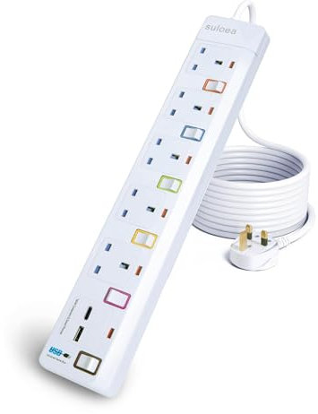 1.8M Extension Lead 5 AC Way with 2 USB Slots, Surge Protected Power Strip with Individual Switches for Home Office - White