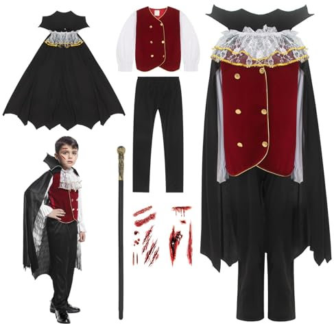 GEMVIE Kinder Vampir Kostüm für Jungen Halloween Dracula Kostüme Verkleidung Karneval Cosplay Outfits mit Gehstock Stöcken