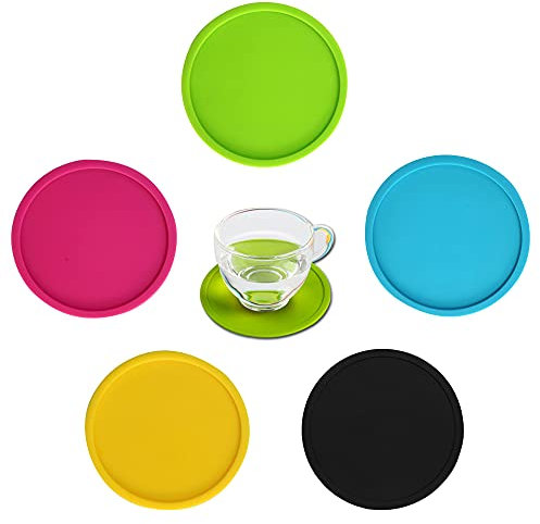 UERRY 5 pièces sous Verre Silicone Ronds Dessous Verre Résistant Chaleur sans BPA Lavable antidérapant la bière Le café Le vin Les Boissons Les Tasses Le Verre Le Bar Vert/Bleu/Rose/Rouge/Jaune/Noir