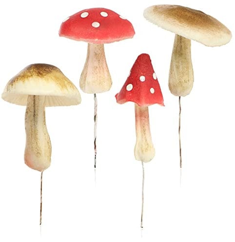 com-four® 4X Deko-Pilz - künstliche Pilze zum Einstecken als Herbst- und Weihnachtsdekoration - schöner Raumschmuck - verschönert Geschenke, Gestecke und Kränze (2X Fliegenpilz / 2X Täubling)