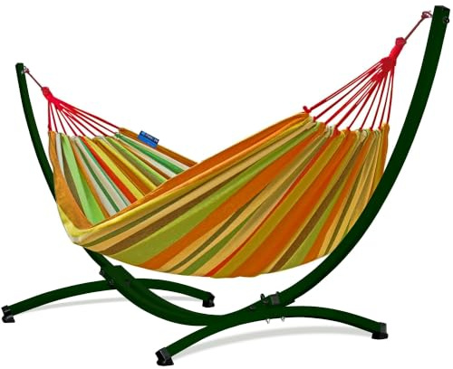 Potenza Outdoor Hängematte mit Gestell für 2 Personen I Baumwolle Doppelhängematte XXL 220x160, 200kg I Hängemattengestell 220kg, wetterfest (Orange, Gestell Grün)