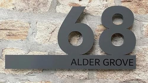 One of a Kind Design UK Personalised Modern Floating Acrylic House Number, Personalised Number Plate, Matt Grey or Matt Black, 24x12cm, Nine Coloured Backing Available - Grey