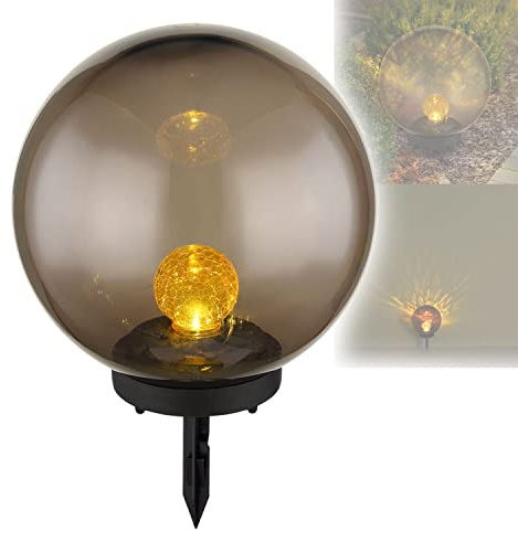 bmf-versand® Solarlampe für Außen Stehend Kugel mit Pflegetuch – Solarleuchte Garten 25 cm Durchmesser – Außenleuchte Gartenlampe LED – Leuchte Solar IP 44 Rauchfarben Amber Crackle Erdspitz