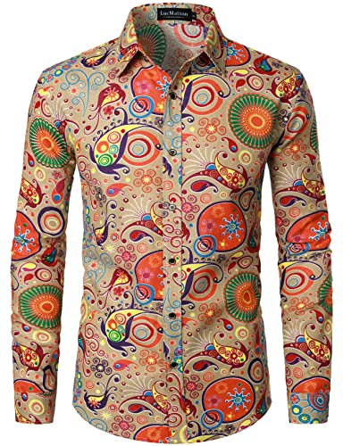 LucMatton Men's Vintage 70s Style Paisley Pattern Printed Clothing Traditional Long Sleeve Button up Shirts for Hippie Disco Outfits Khaki Medium