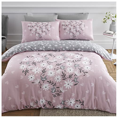 GC GAVENO CAVAILIA Easycare Ditsy Floral Kingsize Duvet Cover sets With Matching Pillowcases, Luxury Heart Bedding Sets, Reversible Botanical Quilt Cover, Blush Pink